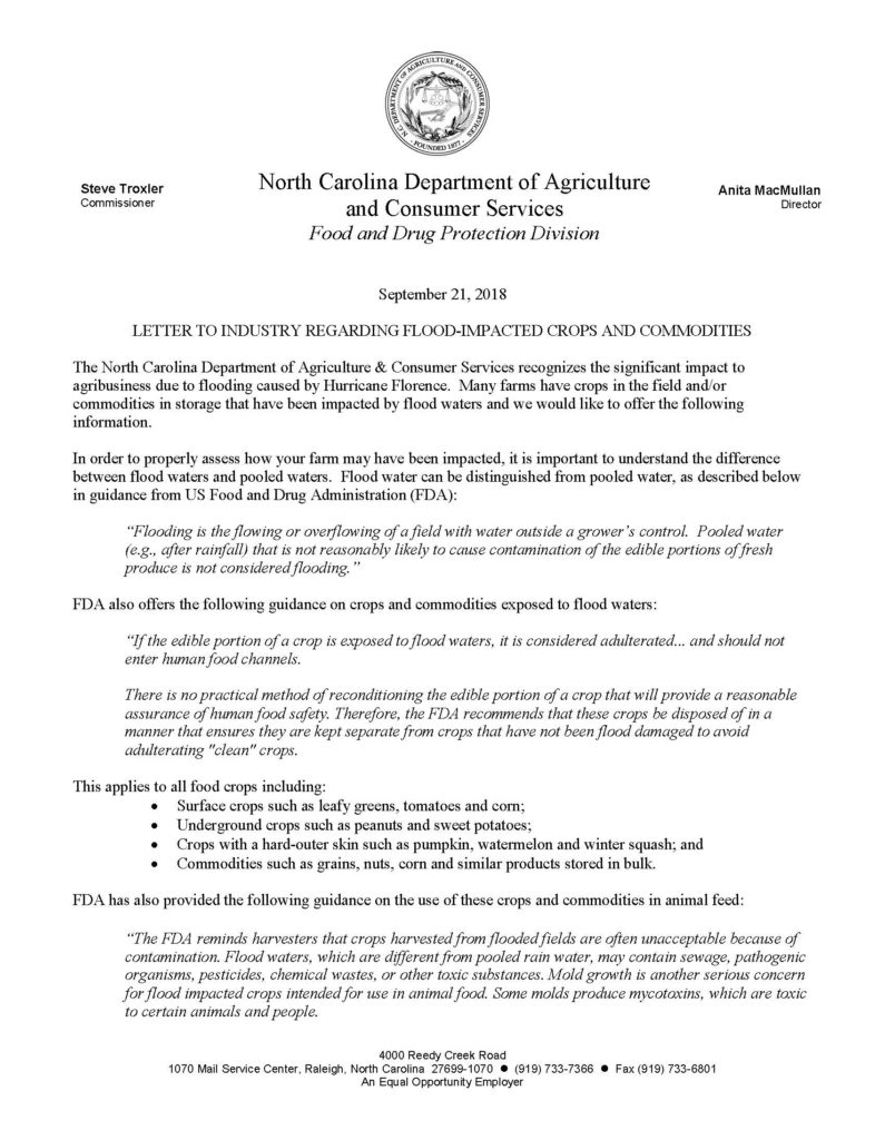 Letter to Industry from NCDA&CS regarding flooded crops.