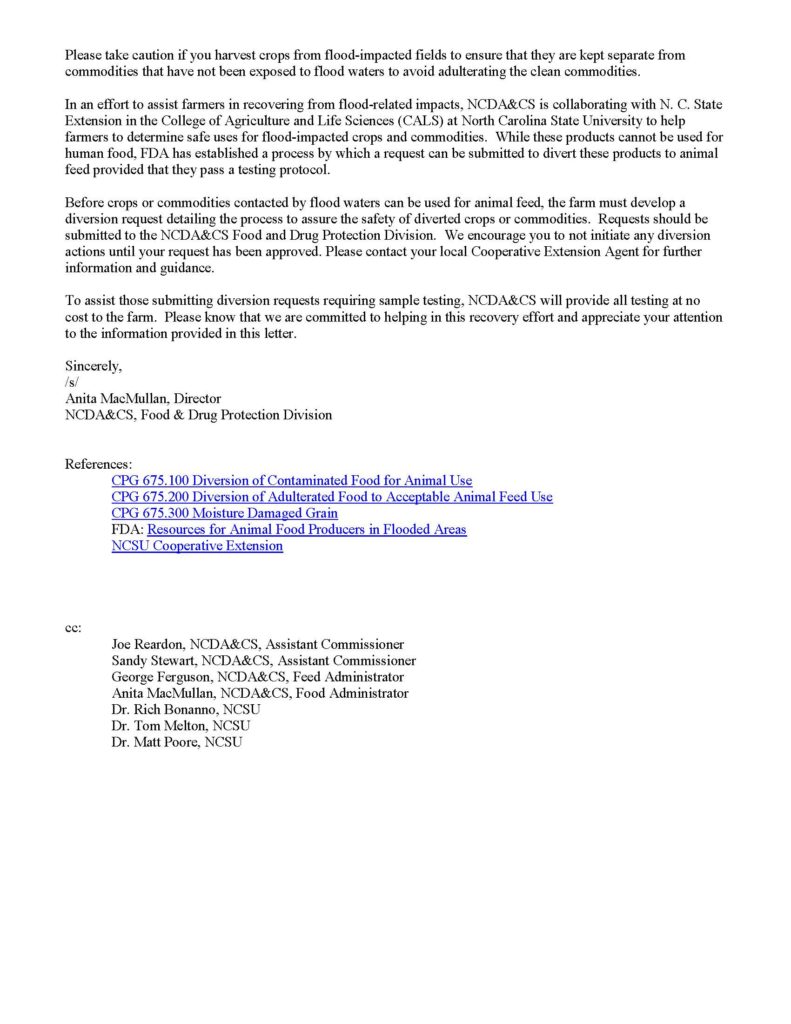 Page 2 of Letter to industry from NCDA&CS regarding flooded crops.