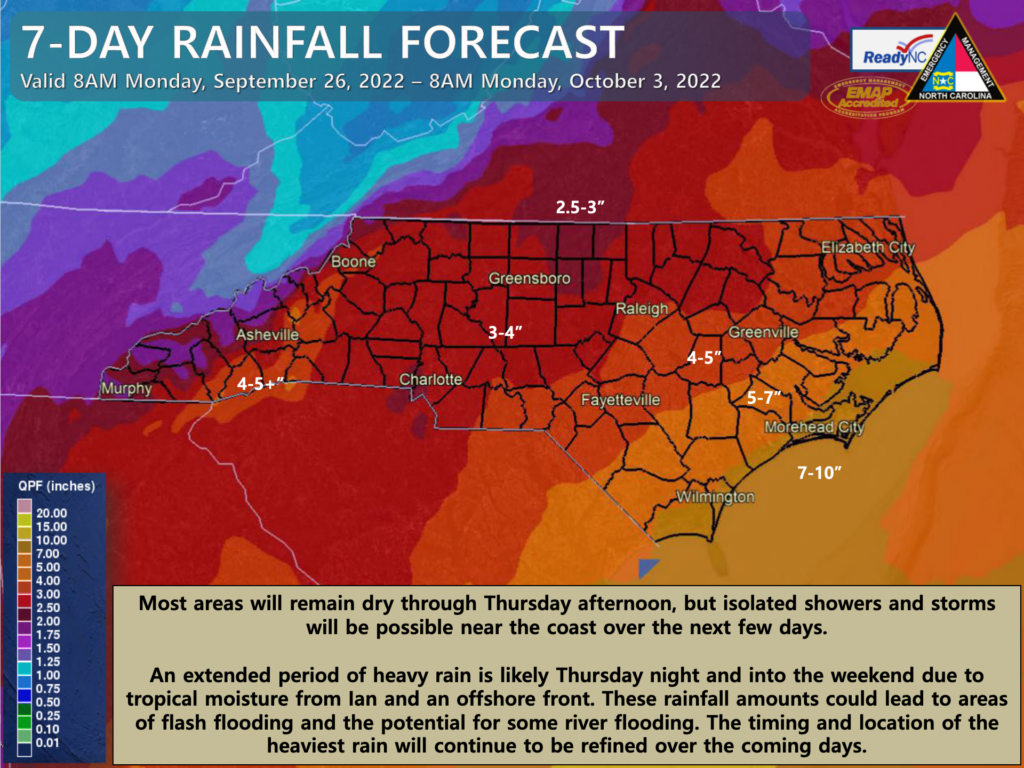 Map graphic showing the 7-day rainfall forecast for Hurricane Ian in North Carolina as of September 26, 2022.