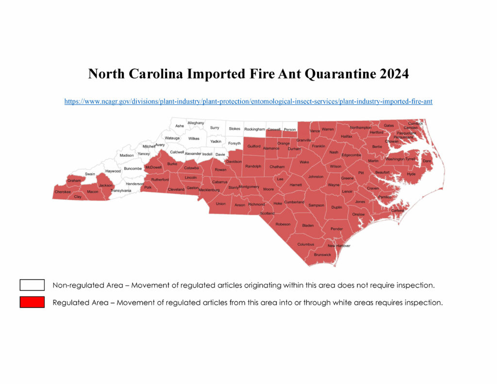 A map of imported fire ant quarantine areas in North Carolina in 2024 from the N.C. Department of Agriculture and Consumer Services.